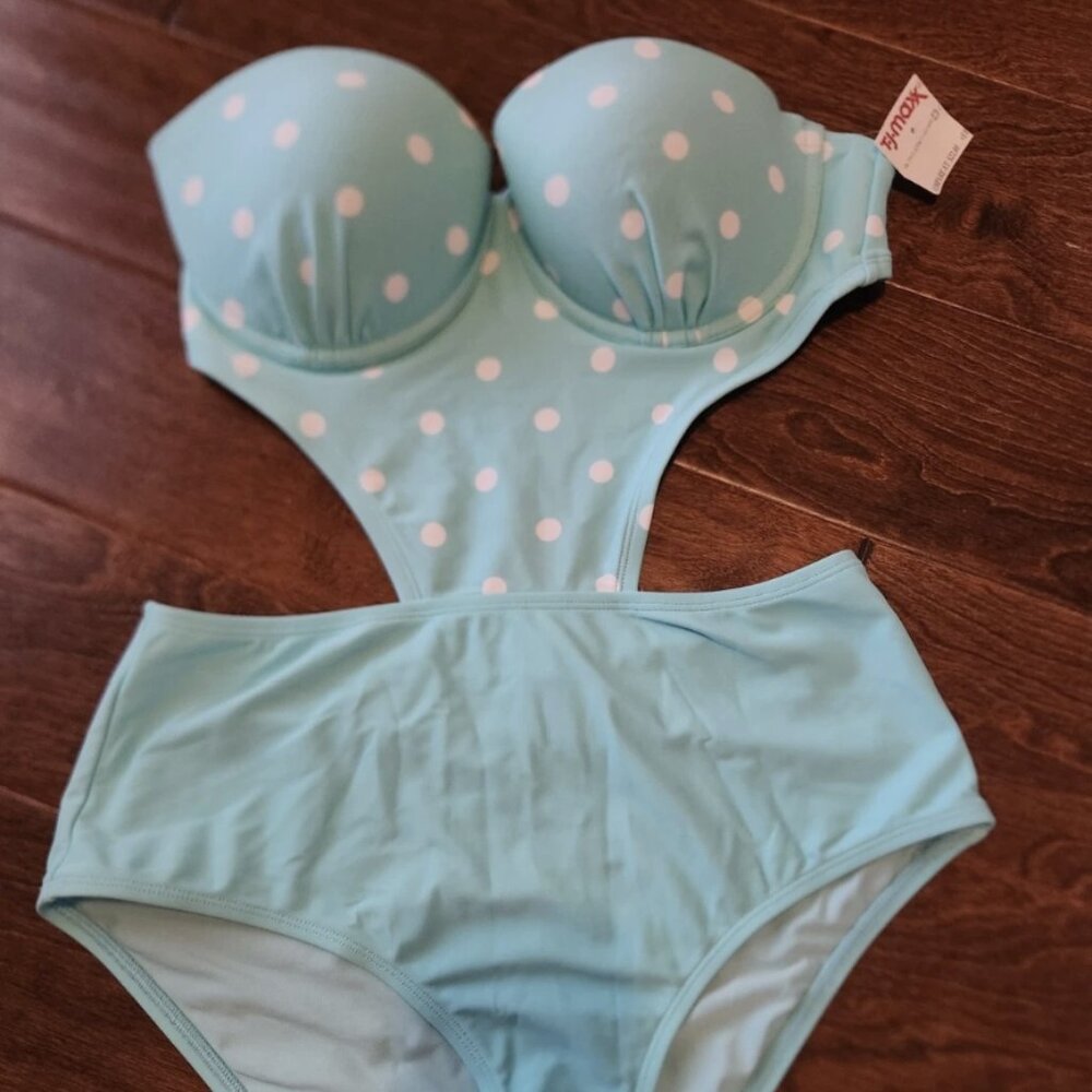 Aerie Aqua One Piece Swimsuit 34C Polka Dots NWT